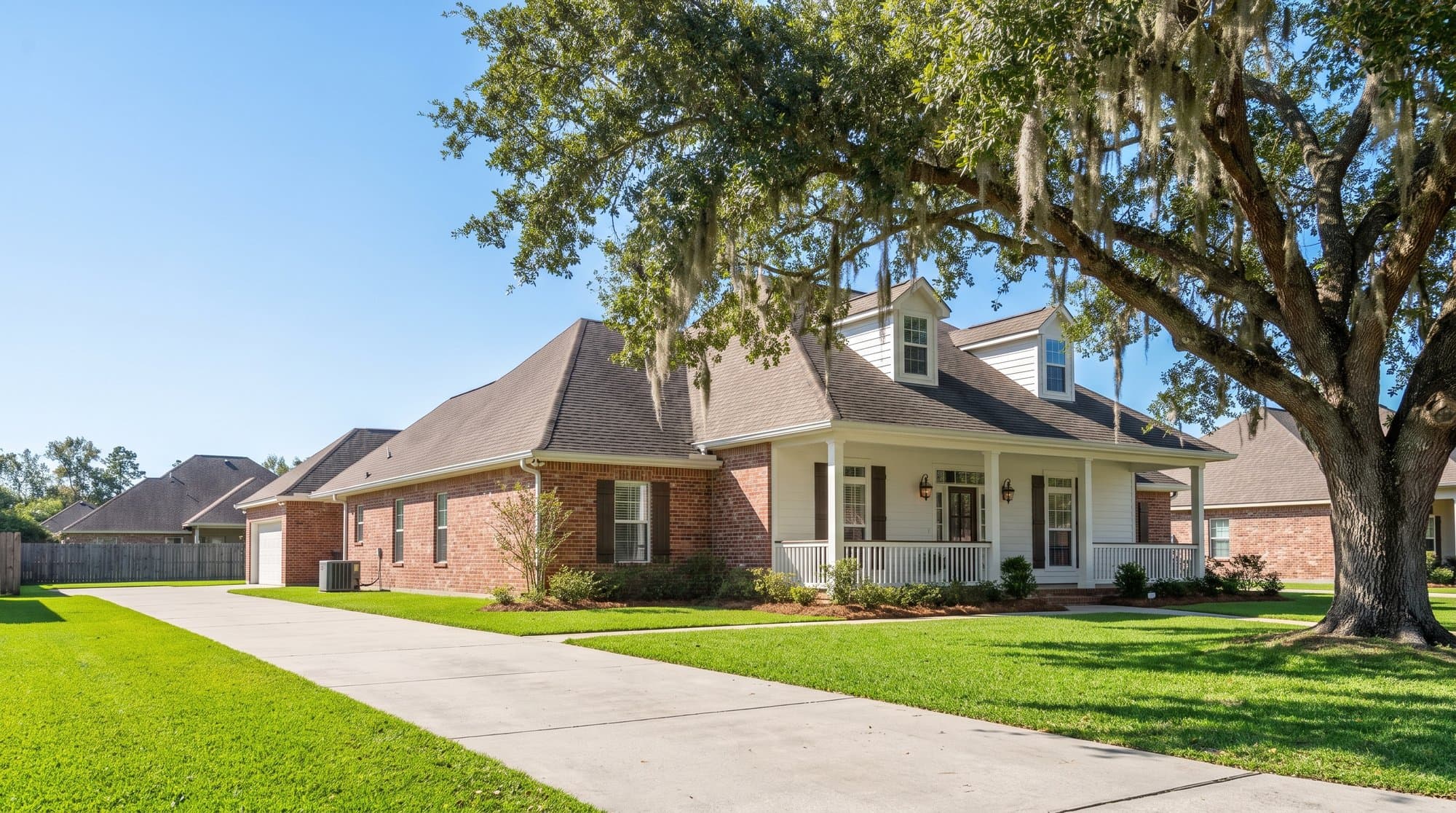 South Louisiana brick home with live oak in the greater Baton Rouge area
