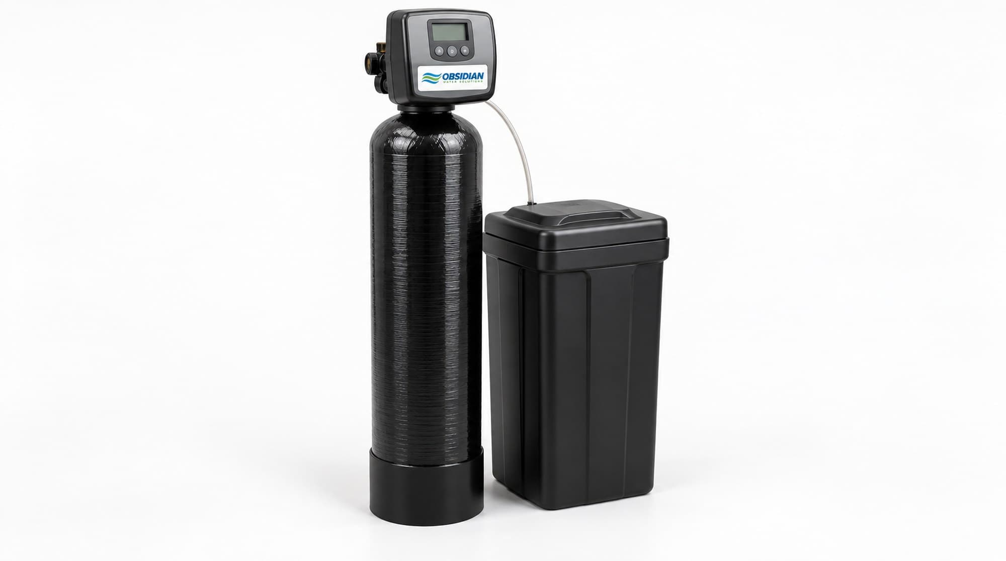 Black tank water softener system with brine tank installed by Obsidian Water Solutions in Baton Rouge