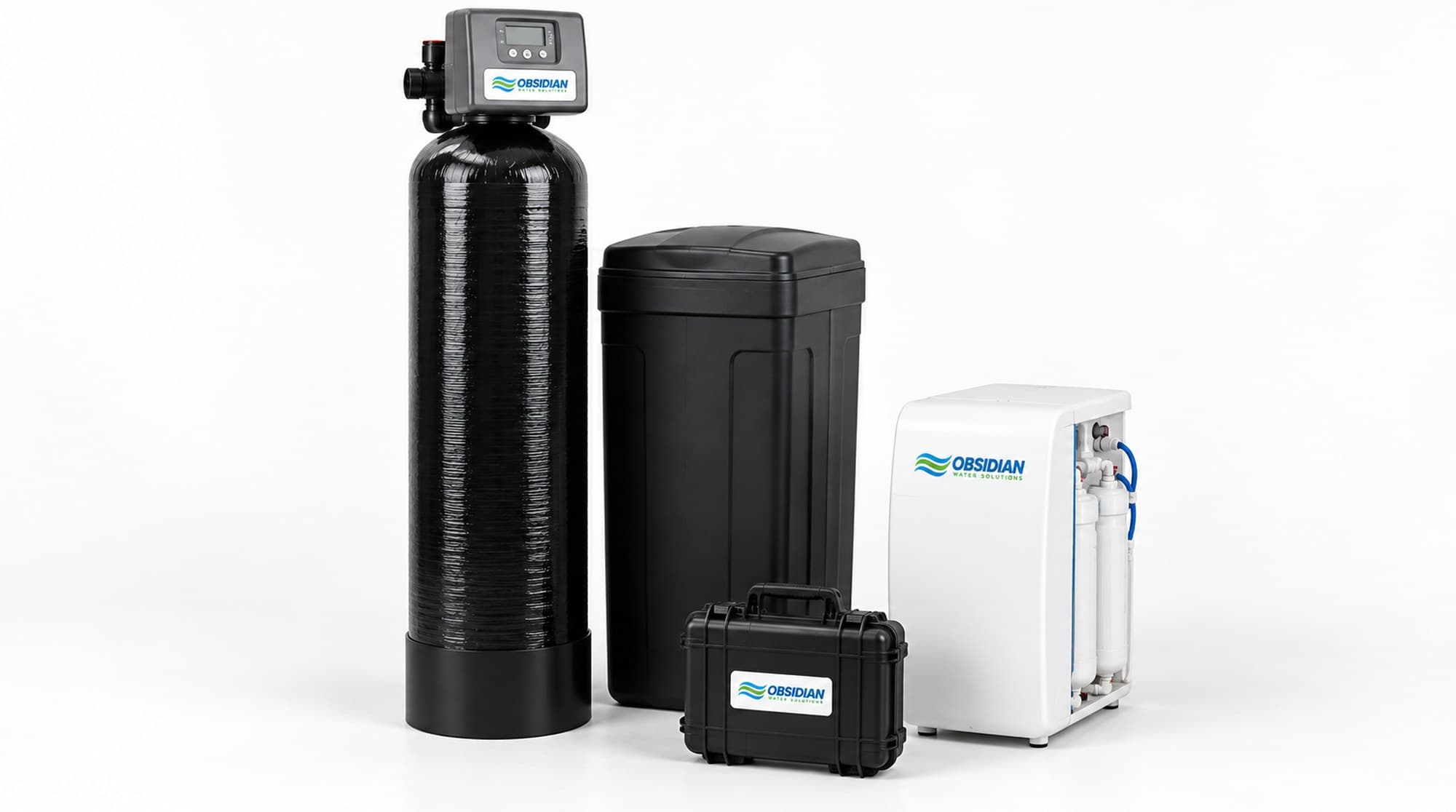 Obsidian Water Solutions water softener, tankless reverse osmosis system, and water testing kit
