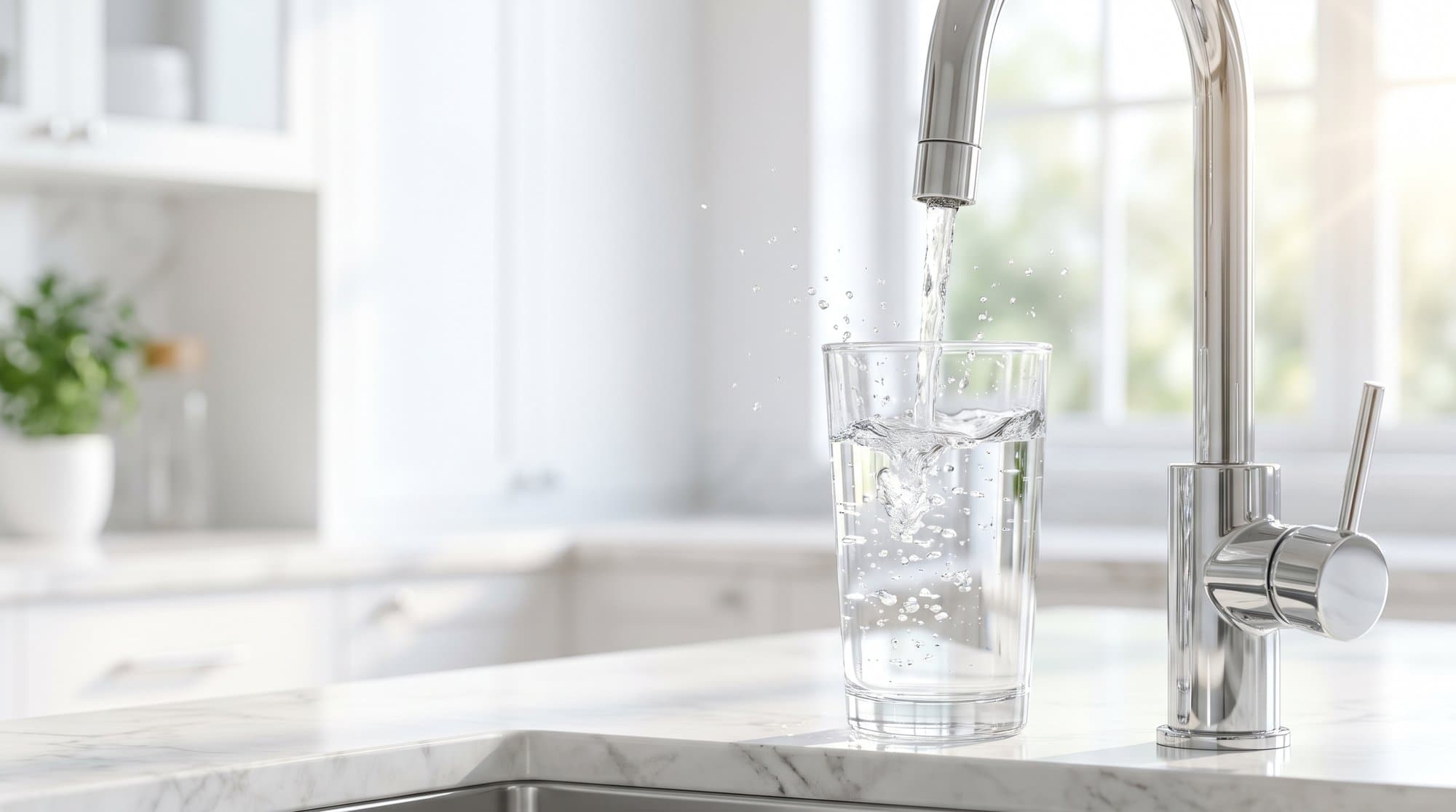 Clean filtered drinking water poured into a glass in a Baton Rouge area kitchen