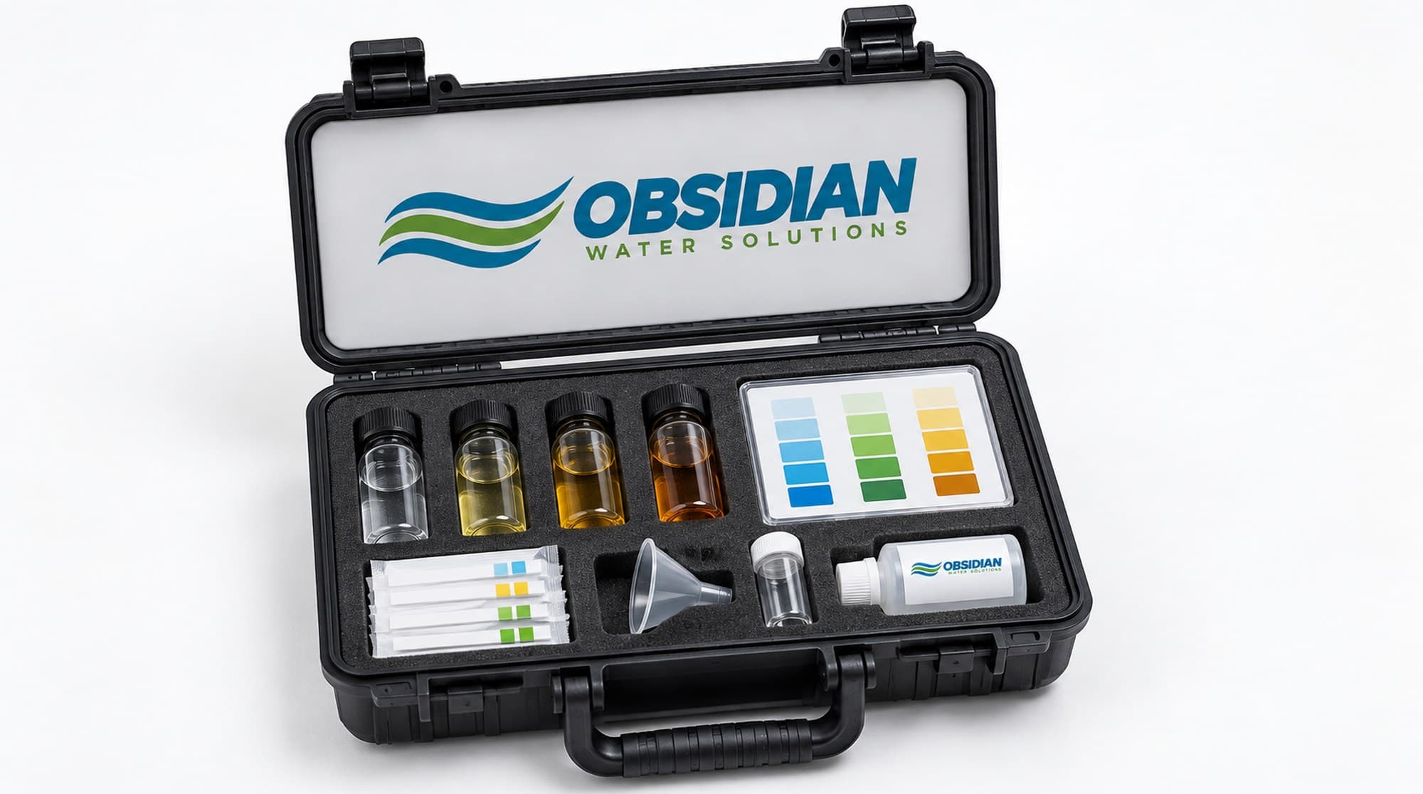 Black branded Obsidian Water Solutions water test case with sample vials for in-home testing